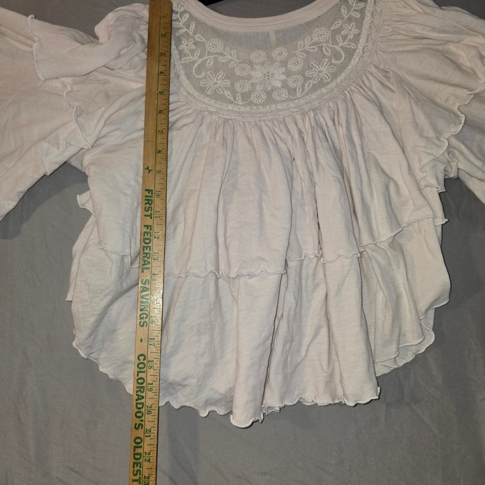 Free People Rose Party Tea Ruffle Blouse Small Ivory Embroidered Tiered Boho Top - Picture 8 of 9